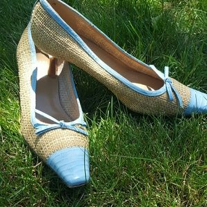 Stuart Weitzman baby blue woven croc cap heels